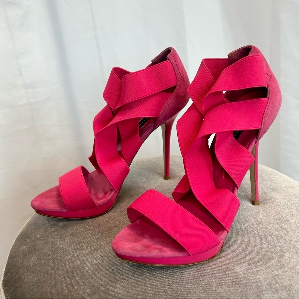 Zara neon fluorescent pink suede elastic band crisscross stiletto high heels 39